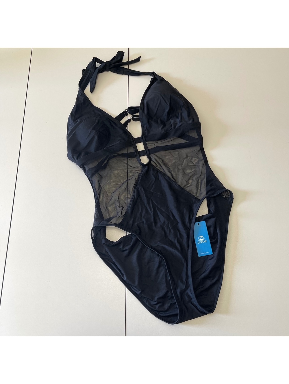 Cupshe Women's Size XL Black Mesh Plunging Halter One Piece Swimsuit